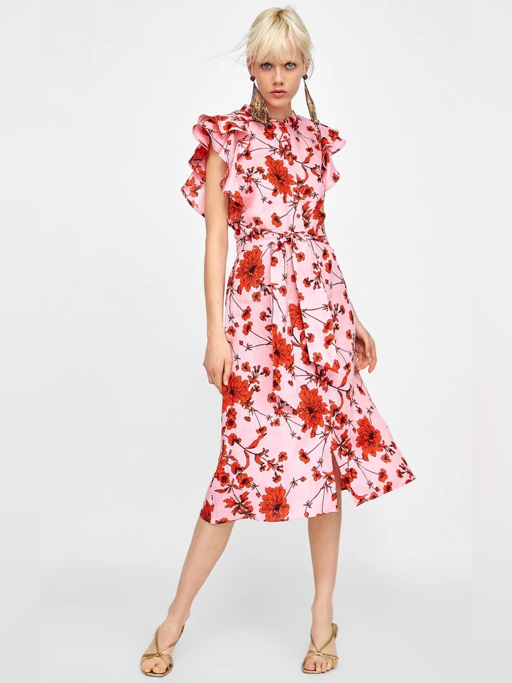 Zara Red and Pink Floral 100% Linen Dress with Belt